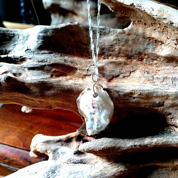 HandCrafted Oyster Shell Necklace With Freshwater PearlWith Sterling Silver - Picture 6 of 8
